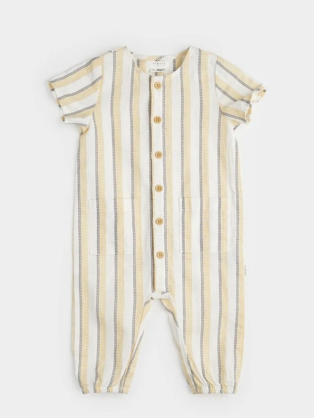 Firsts By Petit Lem Canary Striped Cross Hatch Linen Playsuit Size 6m Baby